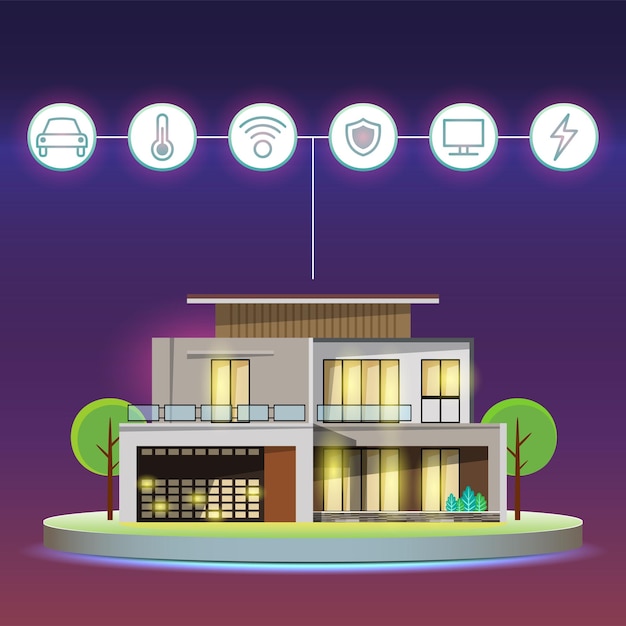 An illustration showing a house with various energy-efficient upgrades highlighted, such as solar panels on the roof, LED lighting inside, a smart thermostat, and energy-efficient appliances.
