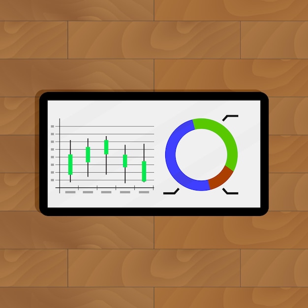 A tablet displaying a pie chart representing asset allocation. The chart segments include stocks, bonds, and real estate, each with a different color. A hand is gently touching the screen, indicating interaction with the data.