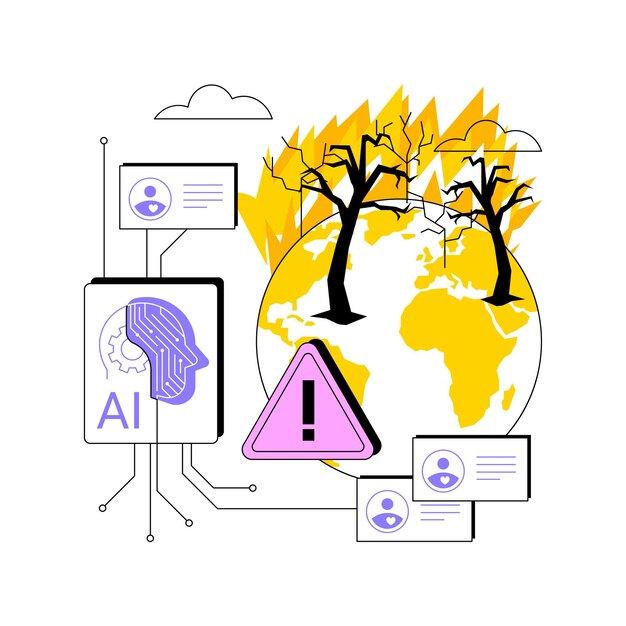 A graphic illustrating the ethical considerations of using AI in disaster relief. The graphic includes icons representing data privacy, algorithmic bias, transparency, and accountability, arranged around a central figure of a community representative.