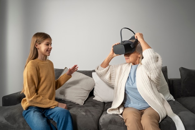 A therapist guiding a patient through a VR therapy session, both wearing VR headsets and discussing the experience.