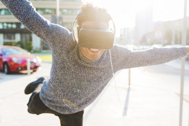A screenshot of a VR therapy program, showing a virtual environment designed to simulate a specific anxiety-provoking situation, such as a crowded street.