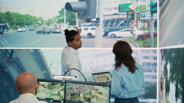 A city's emergency response center, showcasing real-time data feeds from surveillance cameras, sensor networks, and citizen reports. Emergency responders are efficiently coordinating their efforts using advanced communication tools and predictive analytics dashboards.