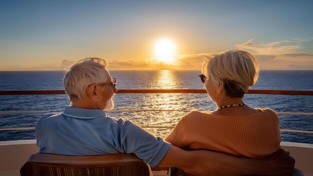 A senior couple standing in front of a cruise ship, smiling and holding hands. The sun is setting in the background, creating a warm and inviting atmosphere, suggesting affordable travel for seniors.