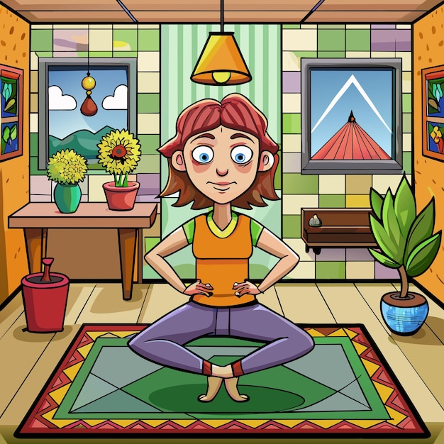 An illustration of a person sitting in a cross-legged meditation pose, with colorful chakras aligned along their spine and a calm, serene expression on their face.