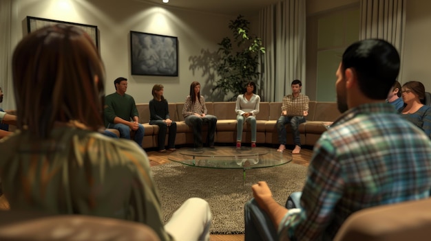 A support group meeting in a brightly lit room. People are sitting in a circle, listening attentively to the speaker.