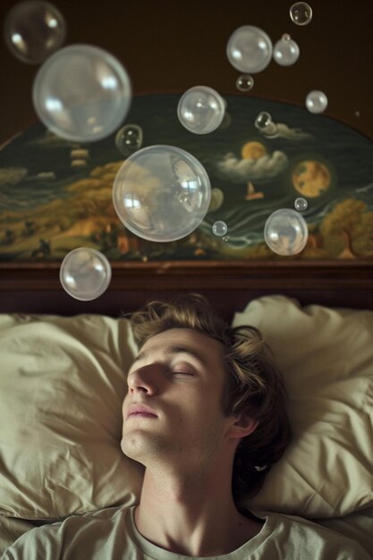 A person tossing and turning in bed at night, unable to sleep. Above them, thought bubbles filled with anxieties and worries swirl, illustrating the internal distress caused by insomnia.
