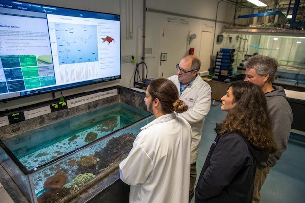 Researchers collaborating in a modern laboratory, examining data on a large screen that shows simulations of environmental systems and ecological processes.