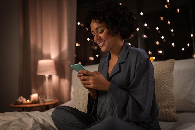 A person happily turning off their smartphone on a bedside table. The room is softly lit, creating a relaxing ambiance conducive to sleep. The focus is on the sense of relief and anticipation of a good night's sleep.